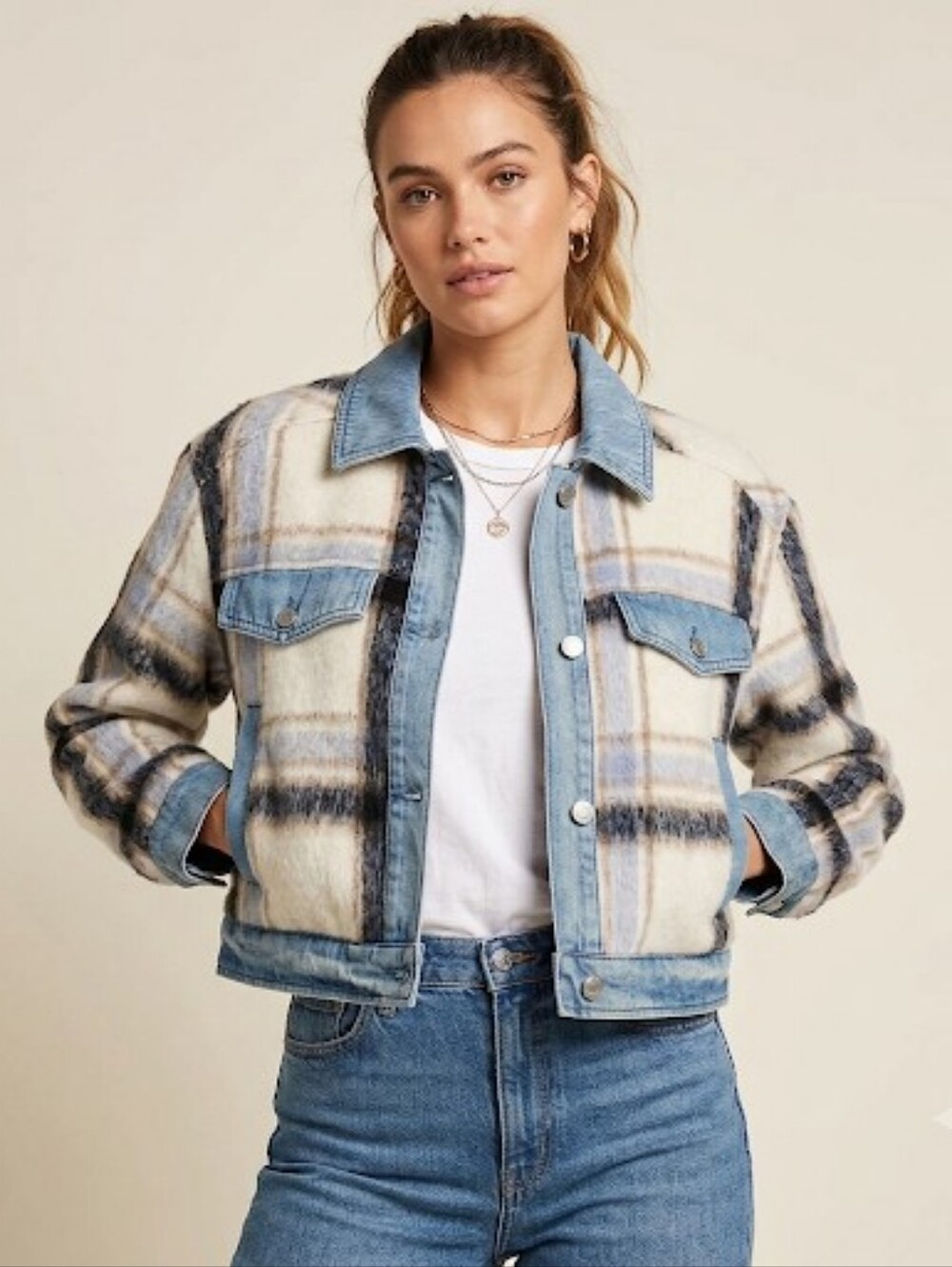 7 For All Mankind Mixed Media Plaid and Denim Trimmed Cropped Jacket Size S